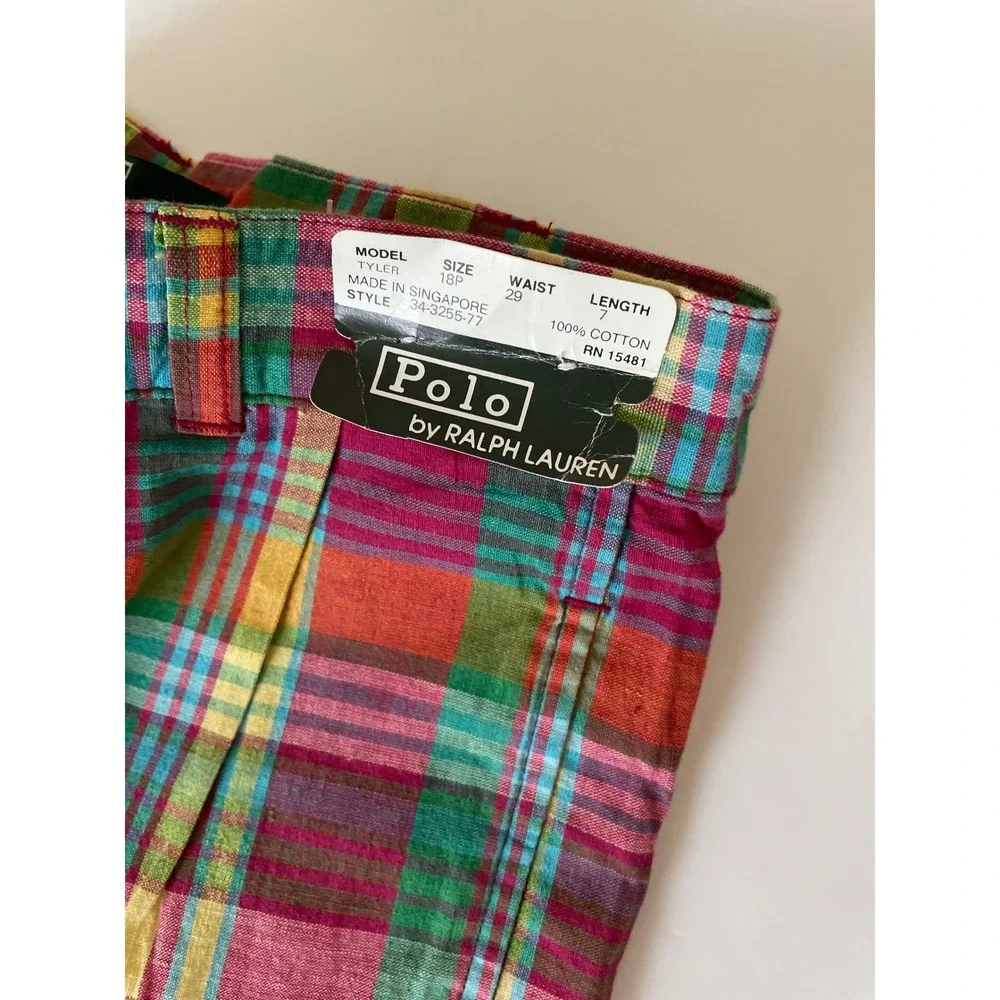 VTG Polo Ralph Lauren Tyler Madras Plaid Shorts Multi Pleated Cotton 18 Prep/29